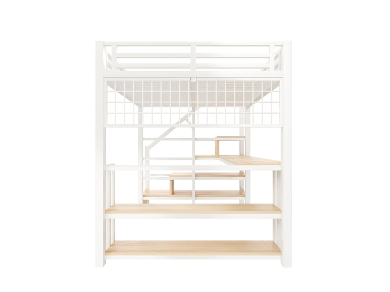  Lit mezzanine lit double 140x200 cm en métal et mdf avec bureau, rangements, led et usb, sans matelas, blanc  - Conforama E