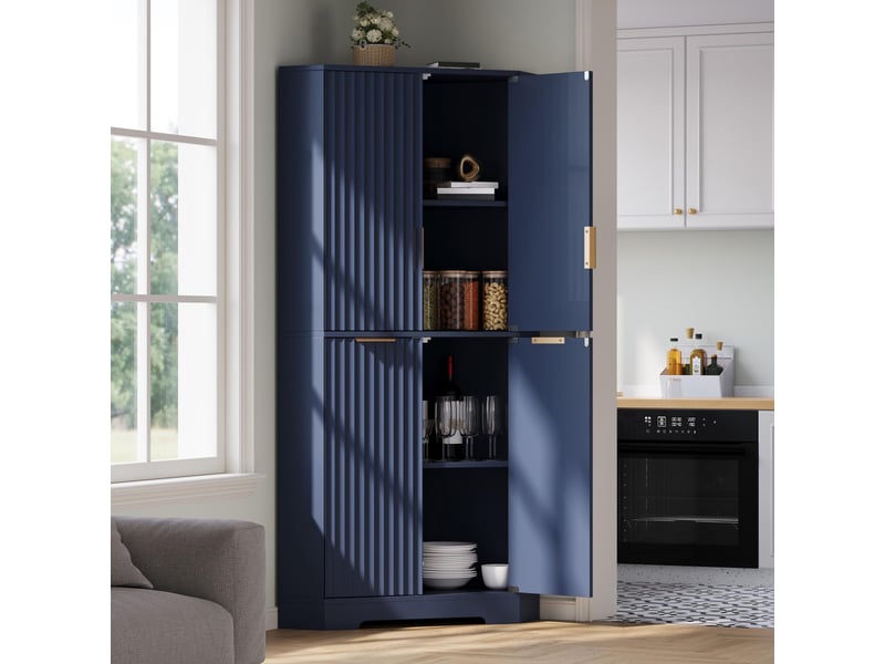 Buffet d'angle - 60x60x172cm - armoire colonne avec 4 portes cannelées ondulées, étagères réglables, anti-basculement - bleu - Conforama D