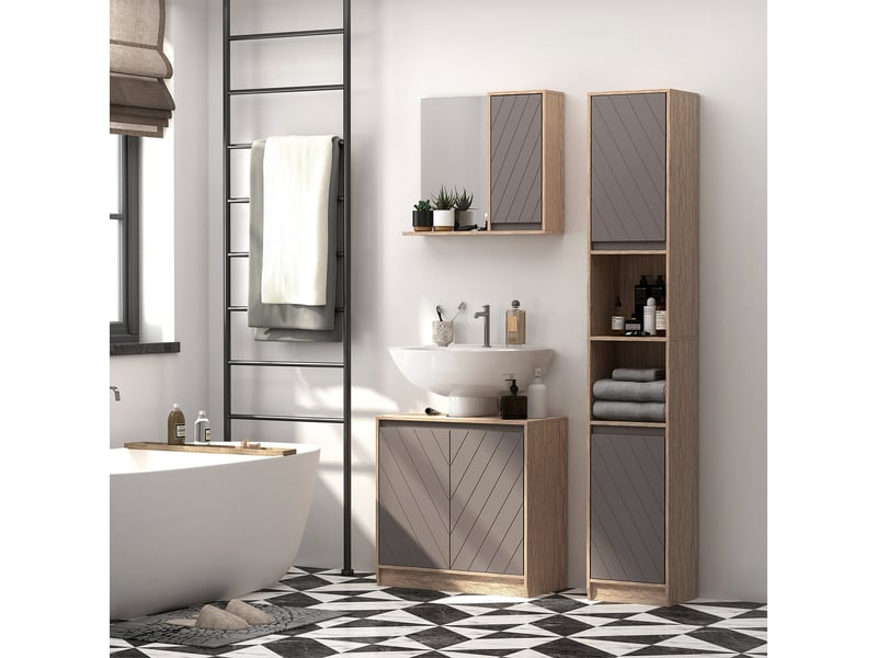  Meuble colonne salle de bain à 6 niveaux, meuble de rangement étroit avec 2 portes, 2 compartiments ouverts et étagère réglable, pour toilette, 30 x 24 x 170 cm gris et chêne, petits espaces  - Conforama D