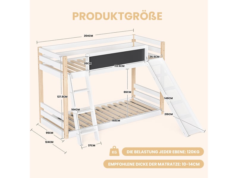  Lit superposé enfant blanc avec toboggan, échelle et tableau  - Conforama C