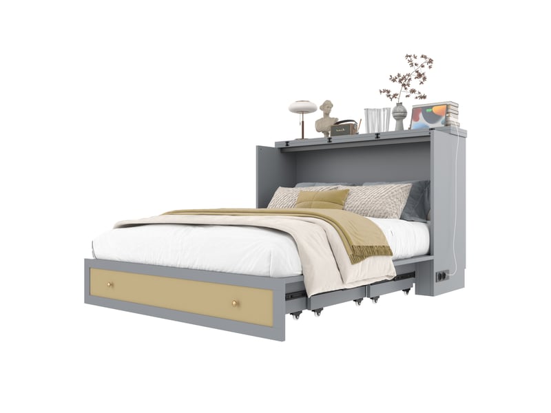 Lit escamotable 140x200 cm avec tiroir, étagère, usb et prise gris  - Conforama A