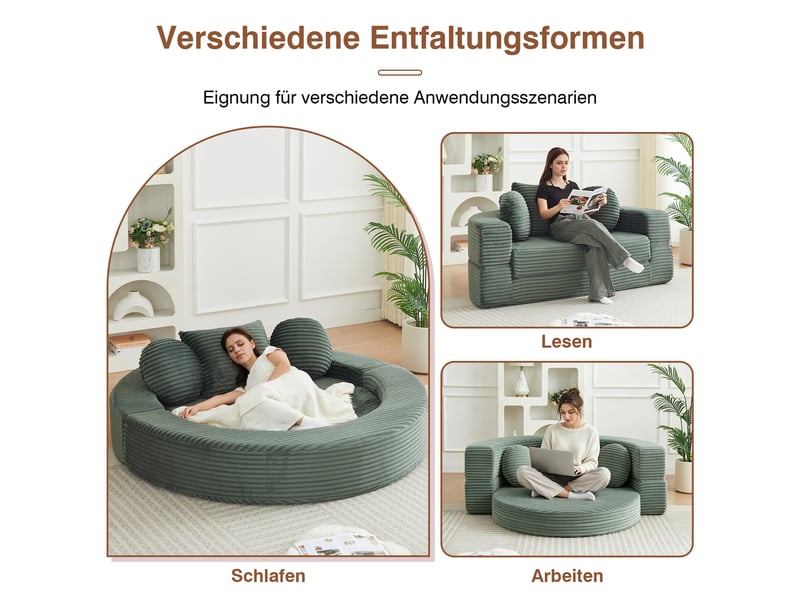 Canapé Convertible 4-en-1 Vert en Velours Côtelé Modulable Lit de Jour Rond - Conforama W