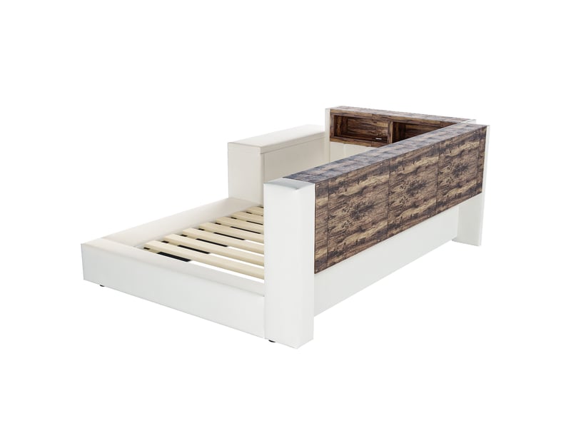  Lit simple rembourré 90x200 cm avec rangements, prises, éclairage led et banquette, sans matelas, beige  - Conforama E