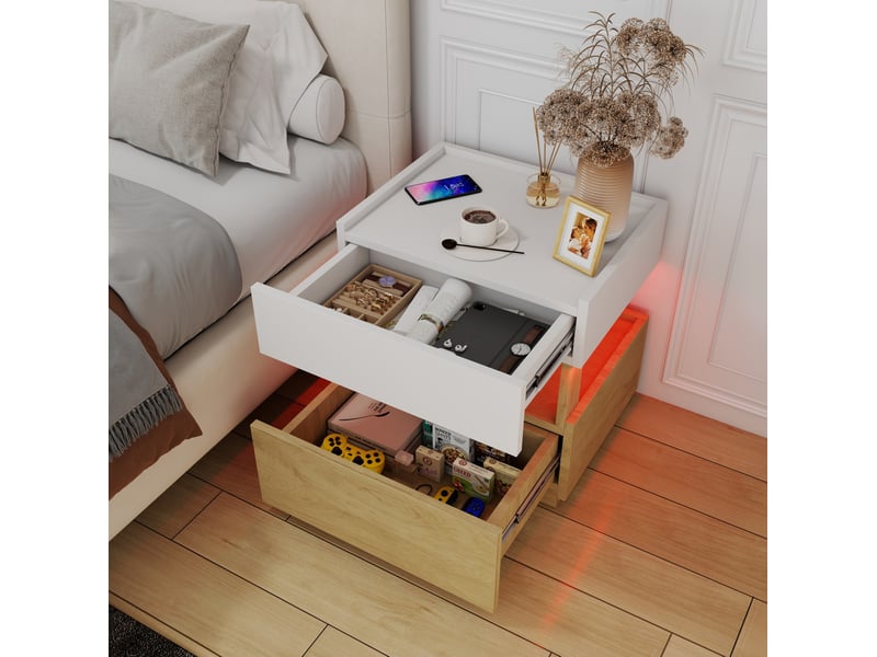  Table de chevet 2 tiroirs led et charge sans fil 50x40x50 cm blanc et bois naturel  - Conforama W