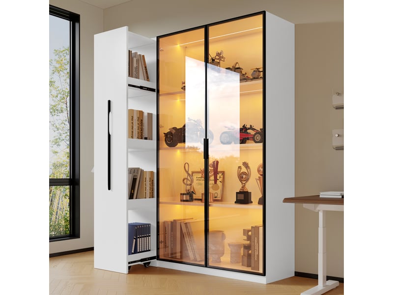  Vitrine armoire led 110x35x160cm meuble de rangement buffet haut bibliothèque avec portes vitrée étagère coulissante, blanc  - Conforama R