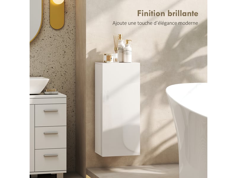  Meuble mural de salle de bain, étagère réglable en verre trempé, porte sans poignée, moderne, 30x23,4x71,2cm, blanc  - Conforama E