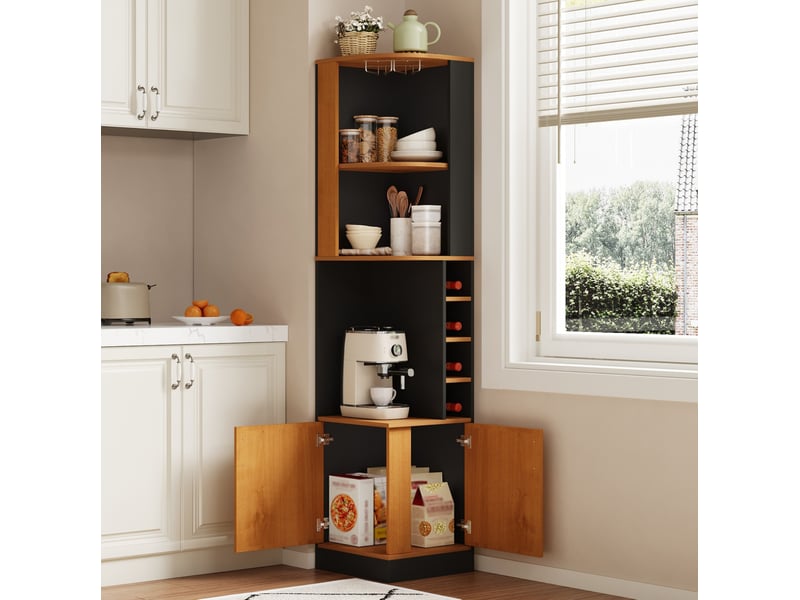  Meuble d’angle pour vins 40x40x182 cm avec porte-verres et rangements bicolore  - Conforama B