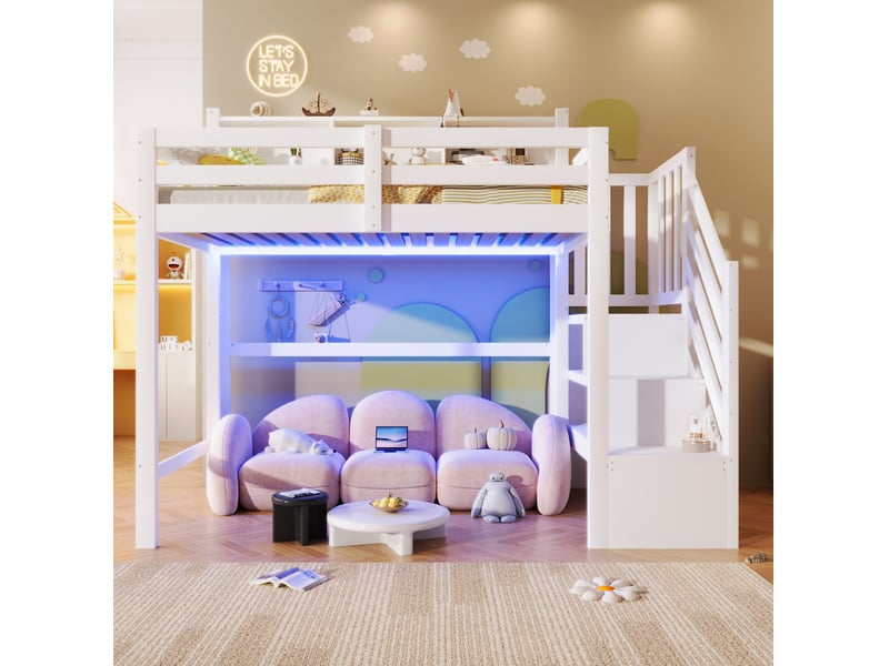  Lit mezzanine enfant 90x200 cm avec led et escalier de rangement, grand espace sous le lit, mdf, blanc, sans matelas  - Conforama D