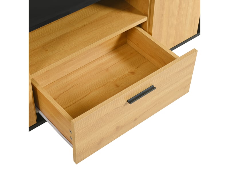  Meuble tv 180x37x45 cm avec 3 portes, 1 tiroir, 2 compartiments vitrés et 16 led multicolores, mdf, finition noir et bois  - Conforama R