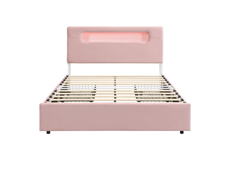 Lit enfant capitonné 140x200 cm avec 4 tiroirs et led contrôlée par application, velours rose, sans matelas - Conforama D