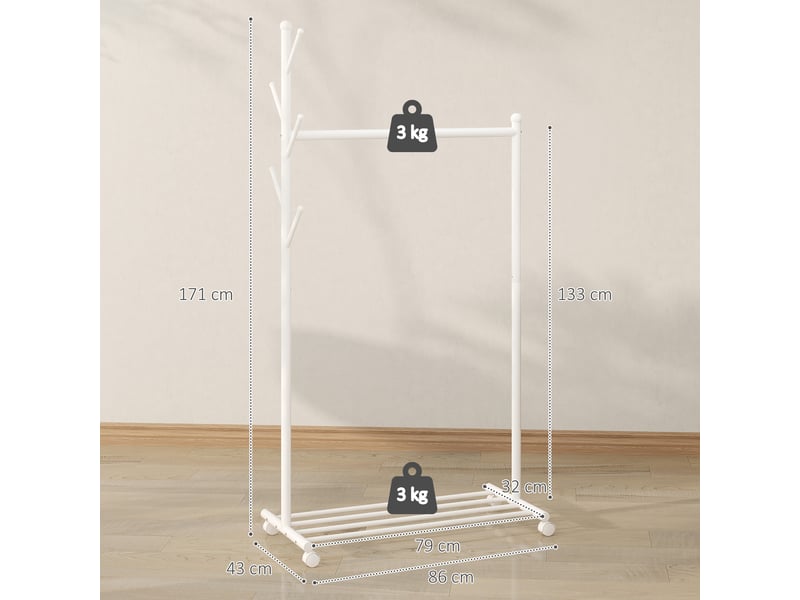  Porte-manteau à roulettes, 5 crochets et étagère à chaussures inférieure, en métal, charge maximale 9 kg, blanc  - Conforama E