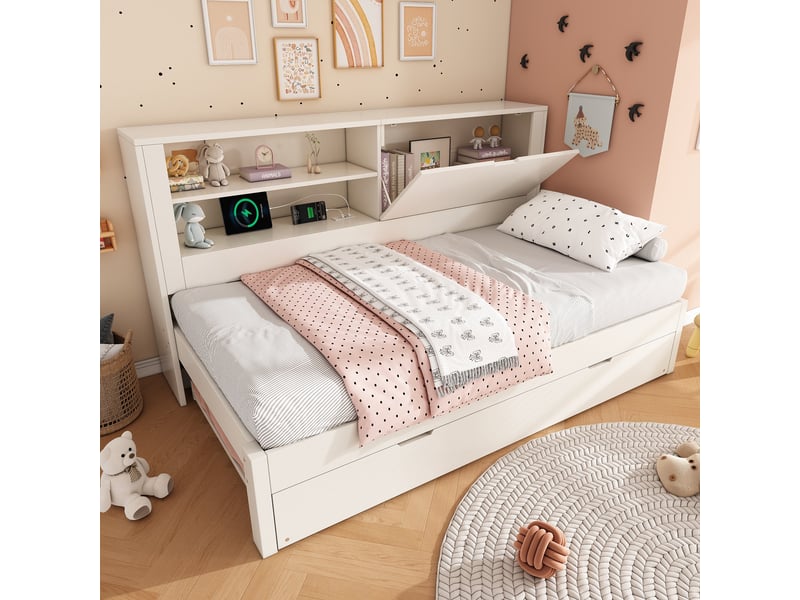  Lit gigogne 90x190 cm, tête de lit avec rangement, couchage gigogne, usb et usb-c, sommier à lattes pour chambre - blanc  - Conforama D
