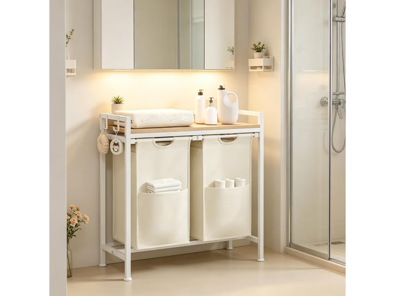  Meuble panier à linge 2 bacs amovibles en métal et tissu 70 x 30 x 71 cm  - Conforama B