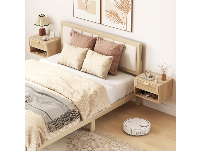  Ensemble de 2 tables de chevet suspendues avec tiroir en rotin, étagère ouverte, gain de place, 40 x 30 x 25 cm, chêne  - Conforama C