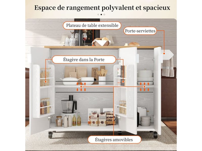  Îlot de cuisine - truxen8 - chariot extensible - mdf - blancnoir - 130x45(75)x92cm  - Conforama C