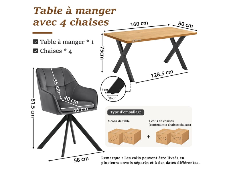 Ensemble table et 4 chaises - table rectangulaire 160x80 cm monobloc en chêne sauvage et pieds métal, 4 chaises en velours gris foncé et pieds métal - Conforama C