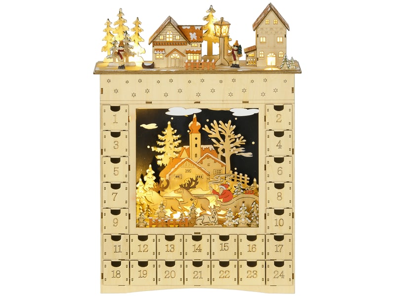  Calendrier de l'avent led en forme de village enneigé avec 24 tiroirs décoration lumineuse de noël beige  - Conforama B