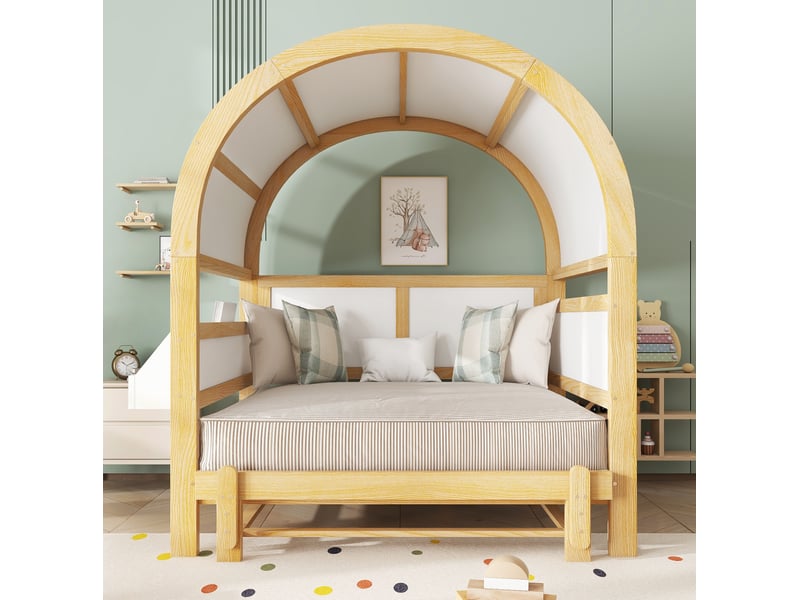  Modenvie lit cabane enfant 140x200 cm - lit gigogne, tablette laterale, sommier inclus - blanc et naturel  - Conforama D