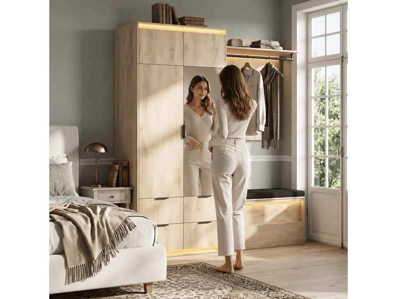 Ensemble vestiaire 180x47x200 cm avec led, miroir et banc rembourré chêne anthracite  - Conforama D