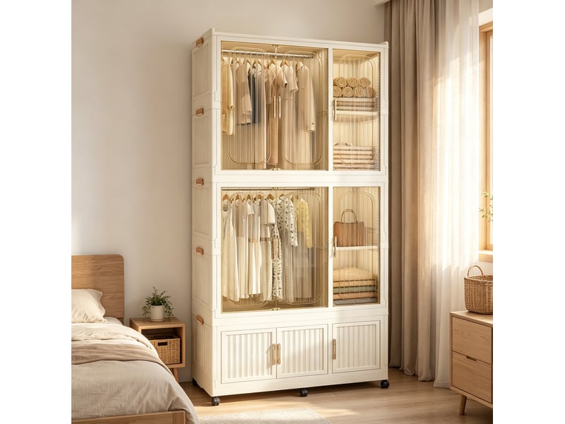  Armoire modulable pliable en pp beige, 9 portes magnétiques, 2 penderies, 7 rangements et 6 roulettes  - Conforama B