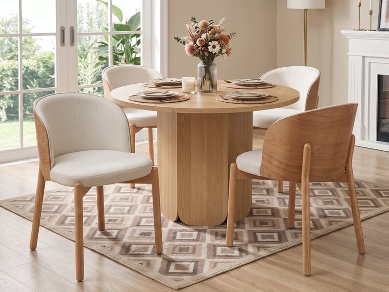  Ensemble table à manger ronde 120 x 120 cm + 4 chaises en bois massif de frêne et tissu lin, finition chêne naturel, pour salle à mange  - Conforama B