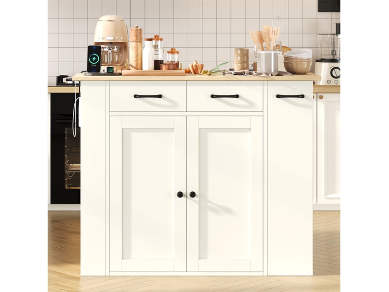  Îlot de cuisine 120x45 cm à plateau extensible, avec tiroirs et étagères réglables, panneau de particules, blanc  - Conforama E