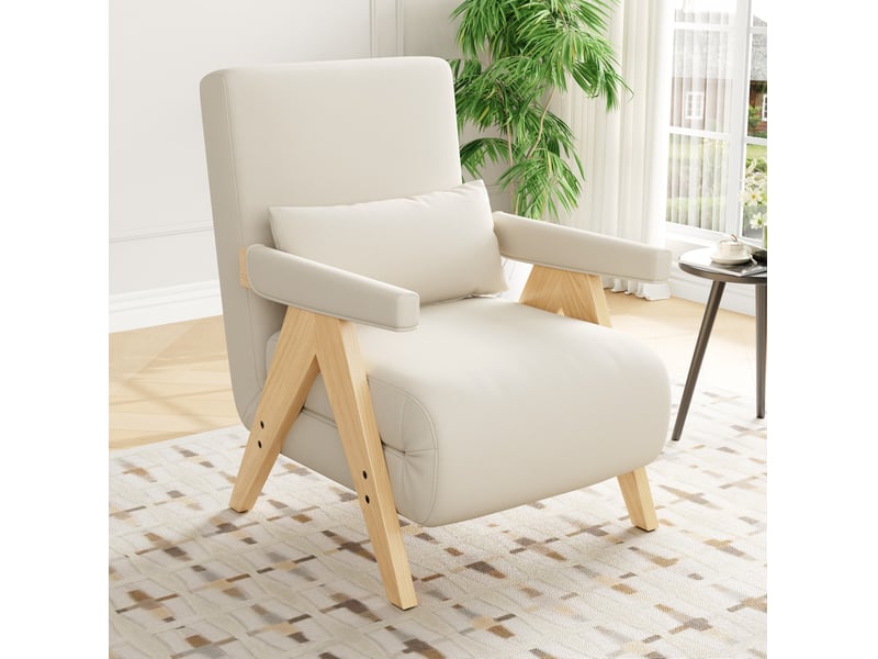  Fauteuil scandinave convertible 64x60x87 cm 3-en-1, dossier réglable 6 positions, relax ou lit d'appoint, lin beige  - Conforama B
