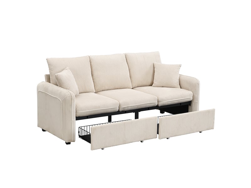  Canapé d'angle panoramique convertible 3 places 188 cm en velours côtelé beige, 2 poufs coffres et tiroirs Fay Lum - Conforama D