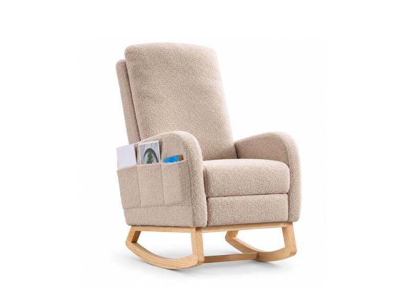  Fauteuil à bascule avec repose‑pieds, fauteuil d’allaitement en tissu teddy beige, dossier haut ergonomique, poche latérale, chaise relax pour salon, chambre et espace bébé  - Conforama A