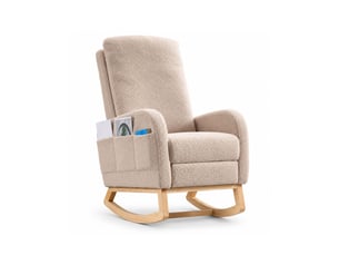 Fauteuil à bascule avec repose‑pieds, fauteuil d’allaitement en tissu teddy beige, dossier haut ergonomique, poche latérale, chaise relax pour salon, chambre et espace bébé