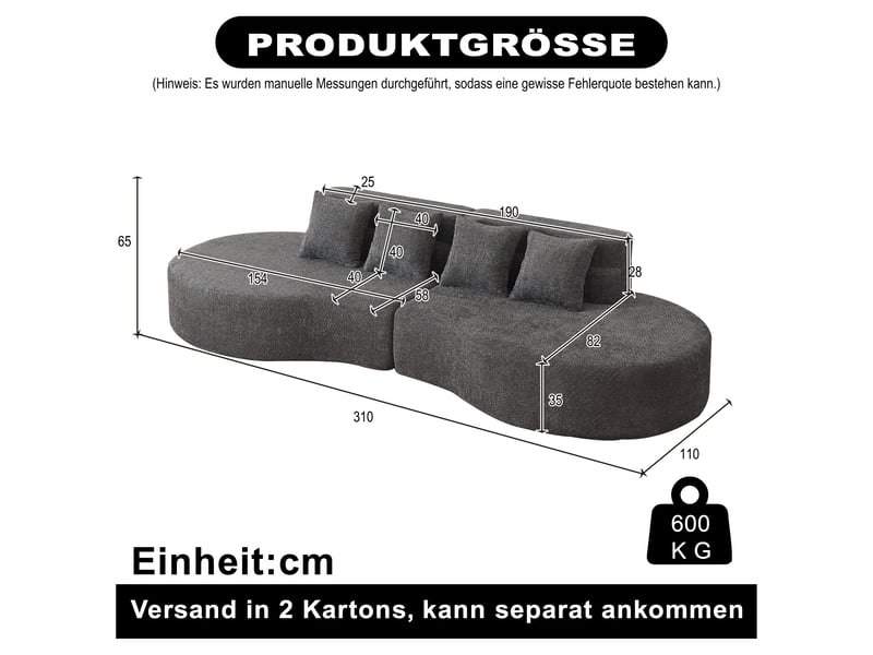  Canapé modulable 310 cm en mousse haute densité, 2 modules sans cadre, housse en chenille amovible et lavable, design minimaliste - gris  - Conforama C