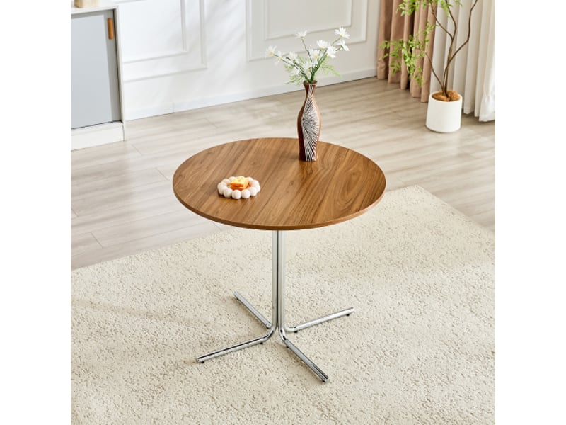 Table d'appoint ronde en noyer et mdf, piètement métal chromé à 3 pieds, design minimaliste salon & salle à manger - Conforama B