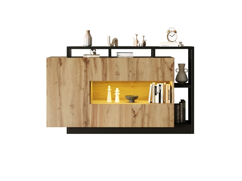  Buffet et enfilade led avec 2 portes, 5 niches et éclairage rgb réglable pour salon, mdf bois, 140 × 44 × 94 cm  - Conforama A