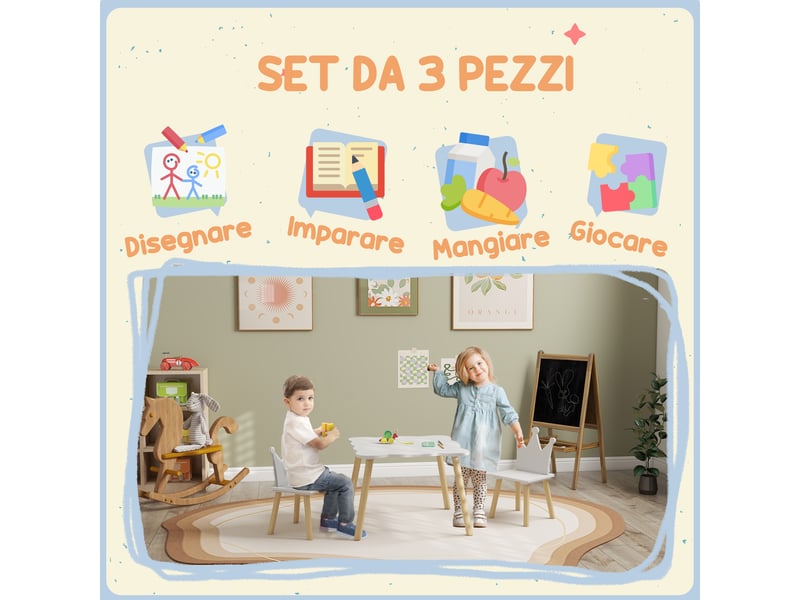  Ensemble table et 2 chaises pour enfants avec dossier incurvé, 3-6 ans, blanc  - Conforama E