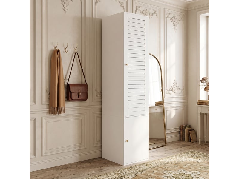 Armoire haute 1 porte 45 x 50 x 200 cm, porte à lames, tringle et 3 compartiments, pour chambre, panneaux de particules, blanc OMNIGLINT TRADING LTD - Conforama C