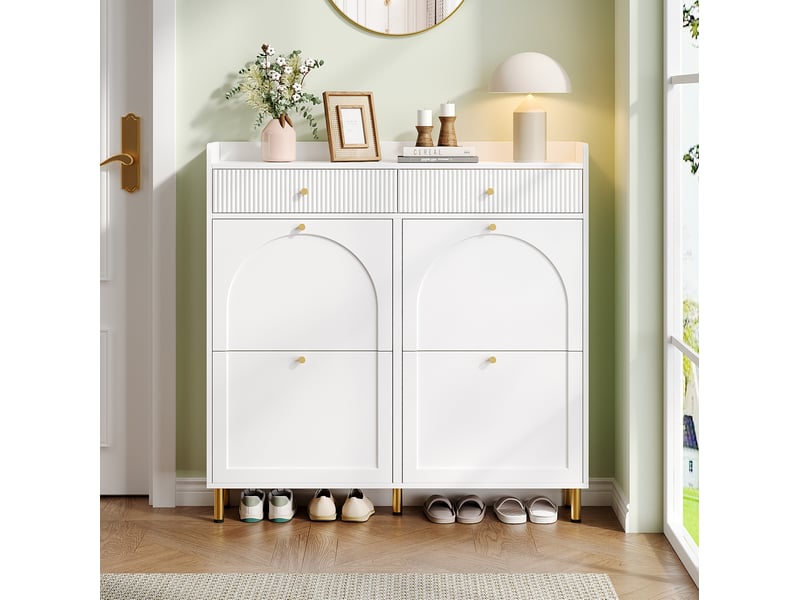  Meuble à chaussures étroit 106.5x25x105.5 cm, 4 abattants et 2 tiroirs, blanc  - Conforama B