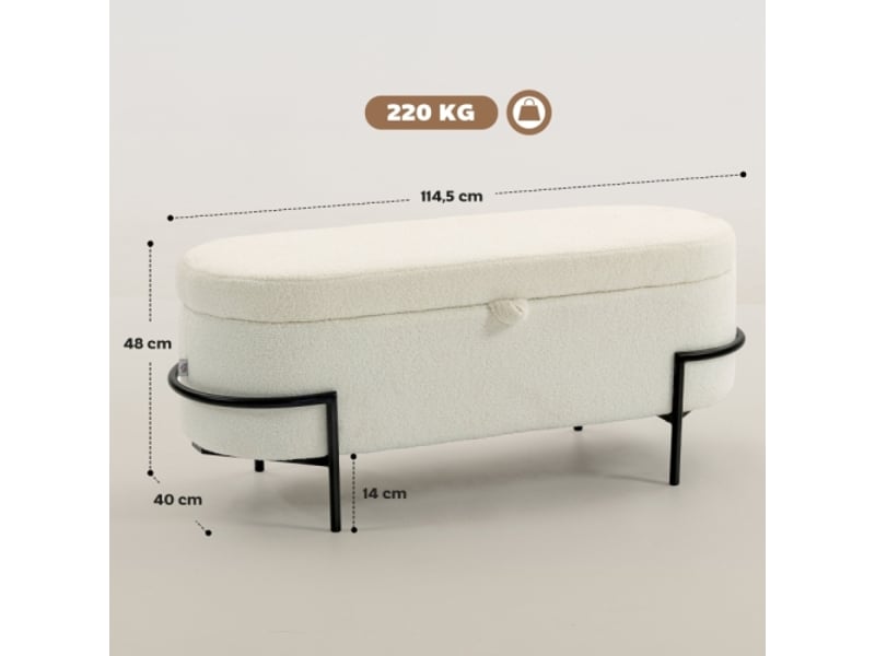  Pouf coffre crème avec couvercle, rangement, pieds en acier et revêtement en tissu polaire  - Conforama C