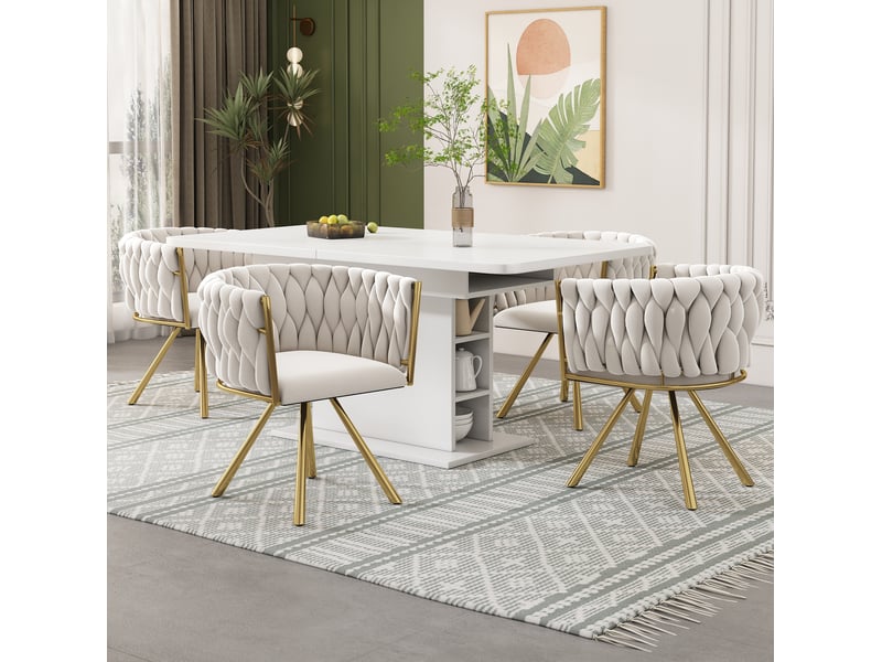  Chaise de salle à manger lot de 6 pivotante à 360 degrés avec dossier incurvé en velours beige et doré  - Conforama E