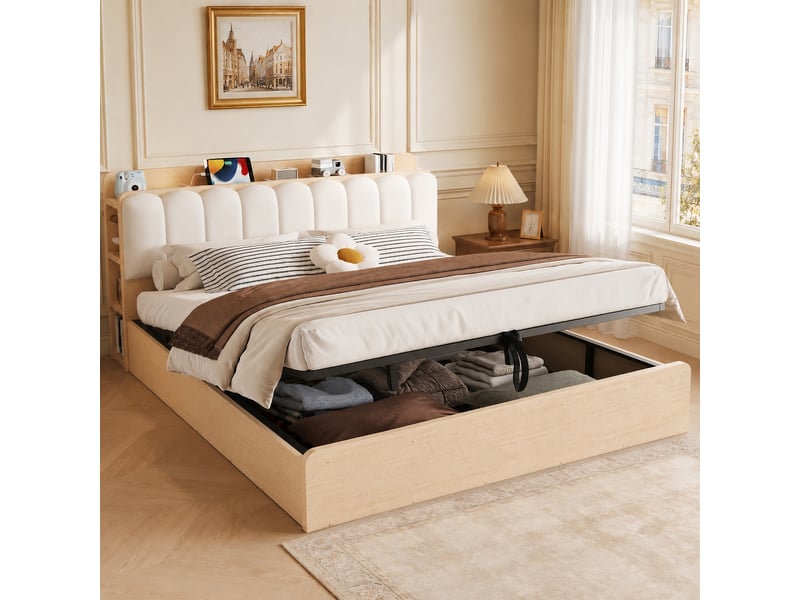  Lit coffre 180x200 cm, lit double, rangement hydraulique, étagères, port usb, tête de lit rembourrée, bois naturel, veilleuse  - Conforama C