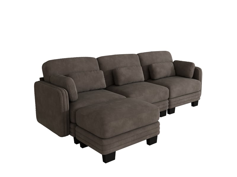 Canapé d'angle modulaire 3 places en l, revêtement chenille, coussins lombaires et d'accoudoir, 1 ottomane, combinable, salon, brun - Conforama A
