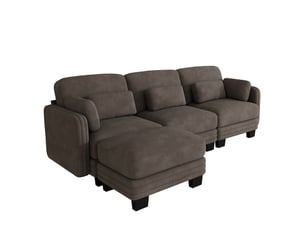 Canapé d'angle modulaire 3 places en l, revêtement chenille, coussins lombaires et d'accoudoir, 1 ottomane, combinable, salon, brun