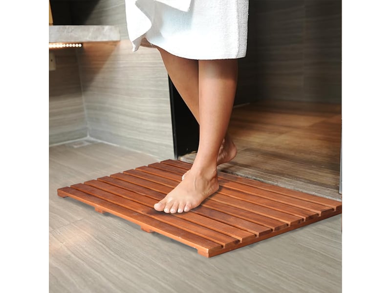  Tapis de bain en bois de teck, 80 x 48 cm, enroulable, avec pieds en caoutchouc antidérapants pour baignoire, sauna et spa.  - Conforama D