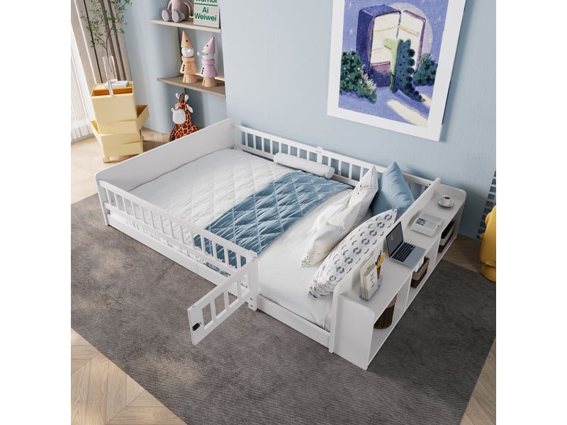 Lit enfant 140x190 blanc, lit avec rangement ouvert et étagères, cadre en bois de pin, barrière ouvrable, sans matelas. - Conforama B