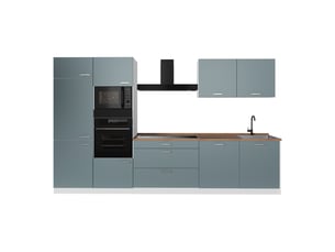 Vicco cuisine, bleu-grisblanc, 340cm plan de travail chêne doré
