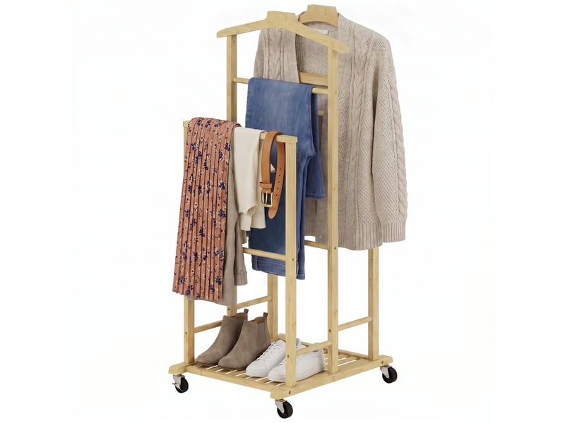  Portant à vêtements en bambou à roulettes, tringle, cintre pour pantalons, plateau et étagère inférieure, naturel  - Conforama B