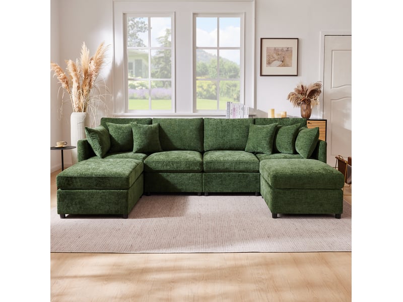  Canapé modulable modenvie 6 places en chenille vert convertible en u et en l avec 2 poufs et 6 coussins  - Conforama E