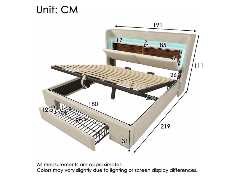  Lit coffre 180x200 cm, rangement hydraulique, tiroirs, tête de lit avec rangement, éclairage led, usb et usb-c pour chambre - beige  - Conforama C