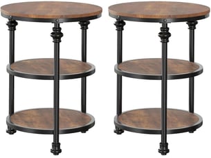 Lot 2 tables basses rondes 3 niveaux, style industriel vintage, bois et cadre métal robuste, gain de place, salon chambre