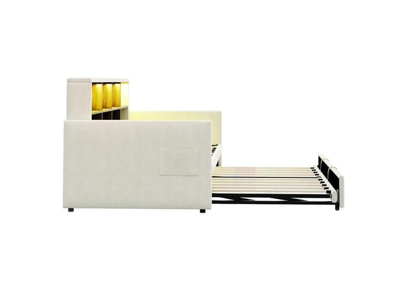 Lit canapé velours beige 90x190 cm avec lit gigogne, rangements, led et usb - Conforama E