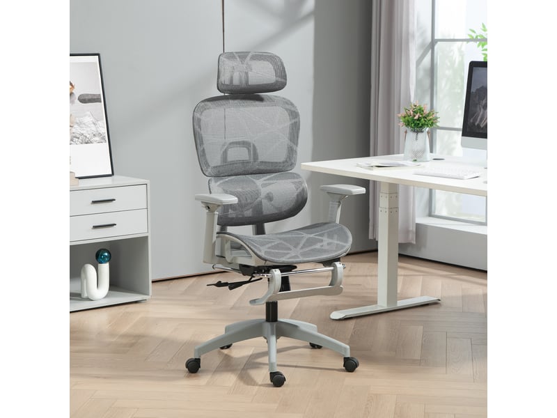  Chaise de bureau ergonomique avec revêtement en tissu mesh, réglable, mobile, avec accoudoirs et appui-tête, grise  - Conforama D
